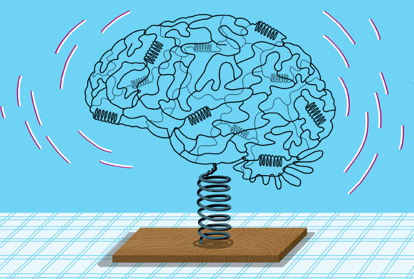 a human brain model made of springs is shaking on its spring base