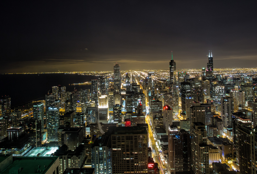 Nightime view of the skyline of downtown Chicago
