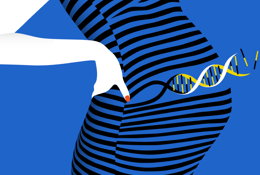 black and blue striped dress on pregnant woman shows DNA helix