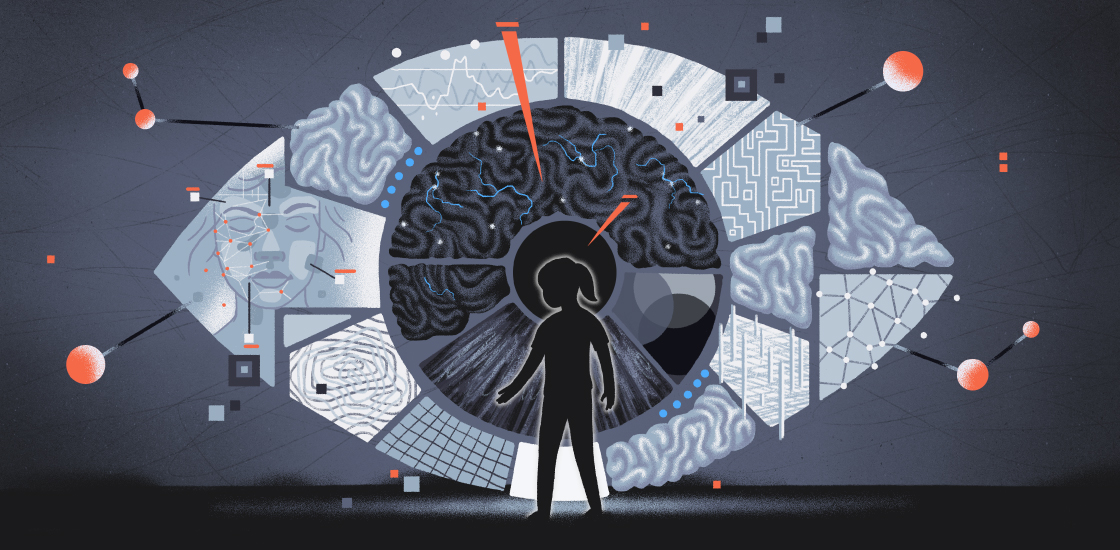 Child hesitating in front of a giant eye showing areas of the brain, facial recognition and other connections related to sight.