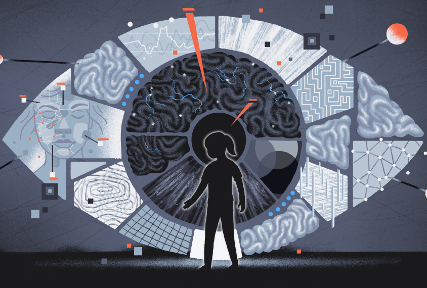 Child hesitating in front of a giant eye showing areas of the brain, facial recognition and other connections related to sight.