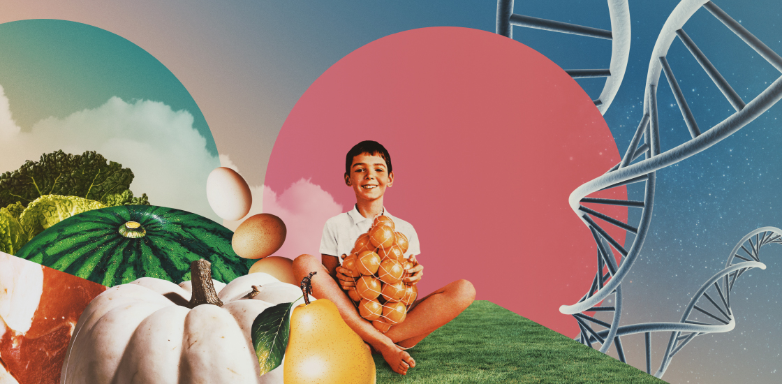 Illustration shows boy with bag of oranges, in landscape of food with DNA trailing around him