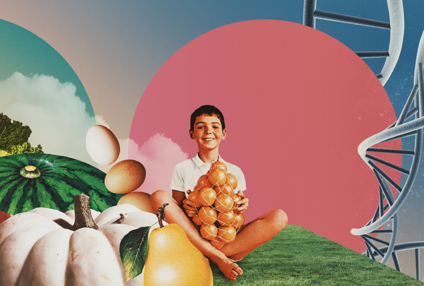 Illustration shows boy with bag of oranges, in landscape of food with DNA trailing around him