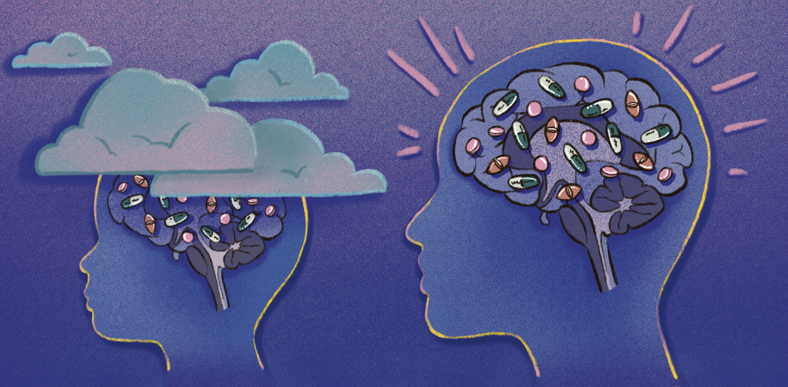 Two silhouettes, of child and an adult in a twilight colored setting. We can see inside the brain and interactions with medicine and the brain. The child's head is surrounded by clouds and the adult head is in the clear.