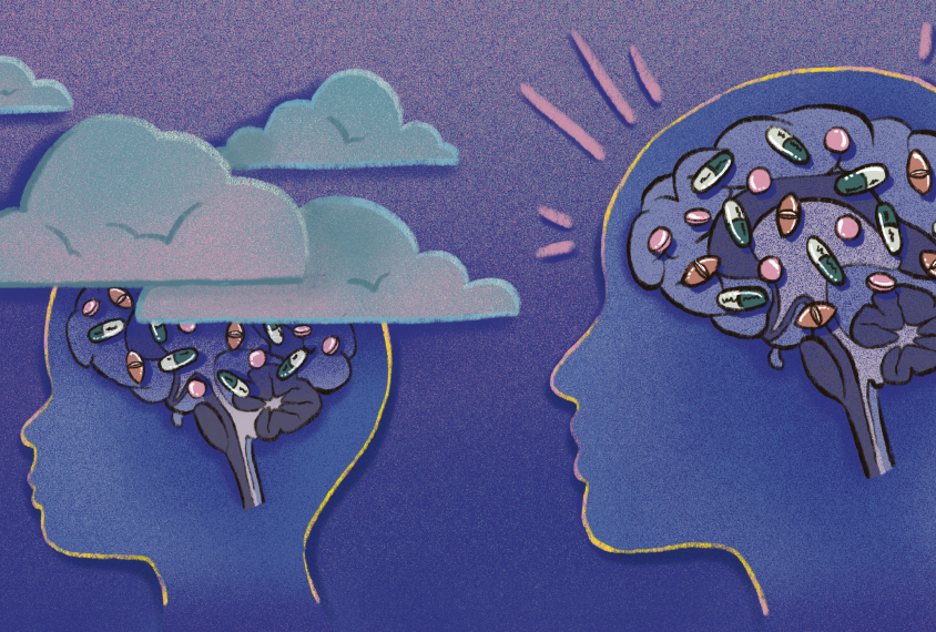 Two silhouettes, of child and an adult in a twilight colored setting. We can see inside the brain and interactions with medicine and the brain. The child's head is surrounded by clouds and the adult head is in the clear.