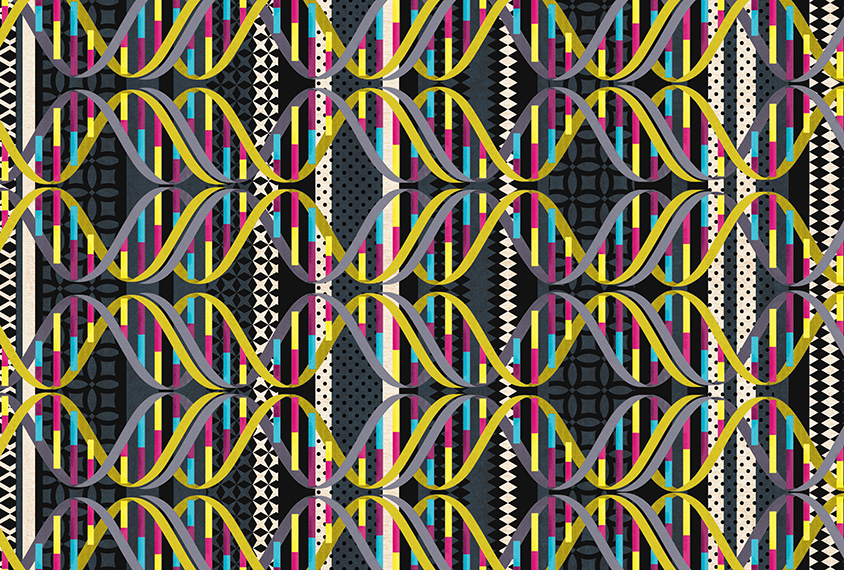 a pattern shows a helix-like form repeating in yellow on dark background.