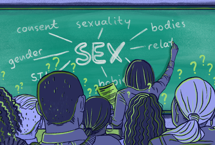 Illustration shows classroom scene with adults learning about relationships and sex.