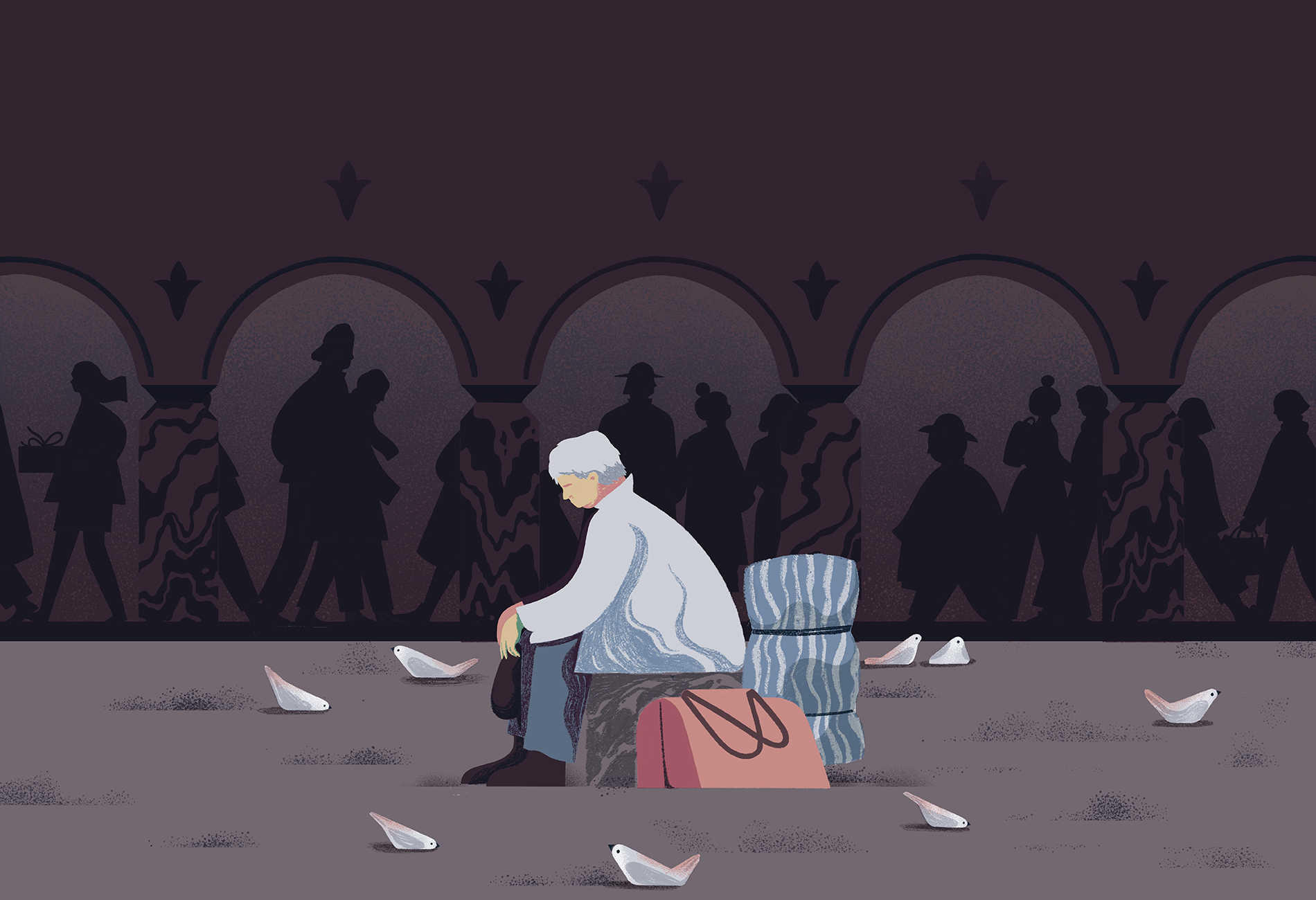 Illustration of a man sitting alone with two suitcases, surrounded by birds, while shadows of people walk in the background.
