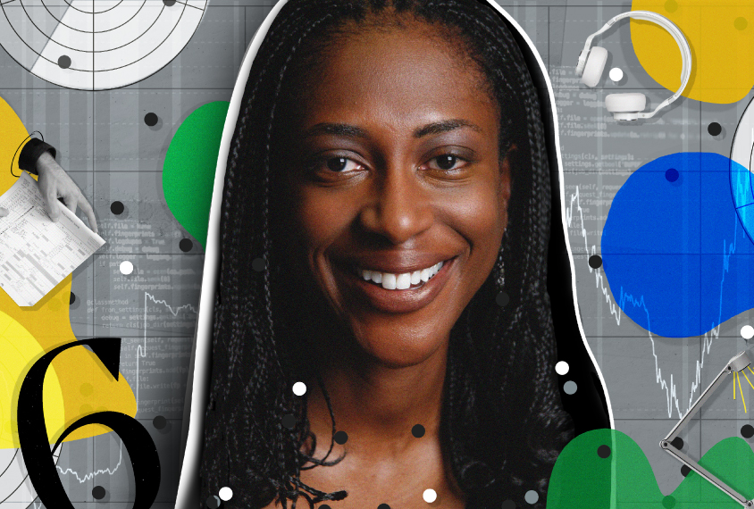 A portrait of a smiling black woman against an illustrated, colorful background.