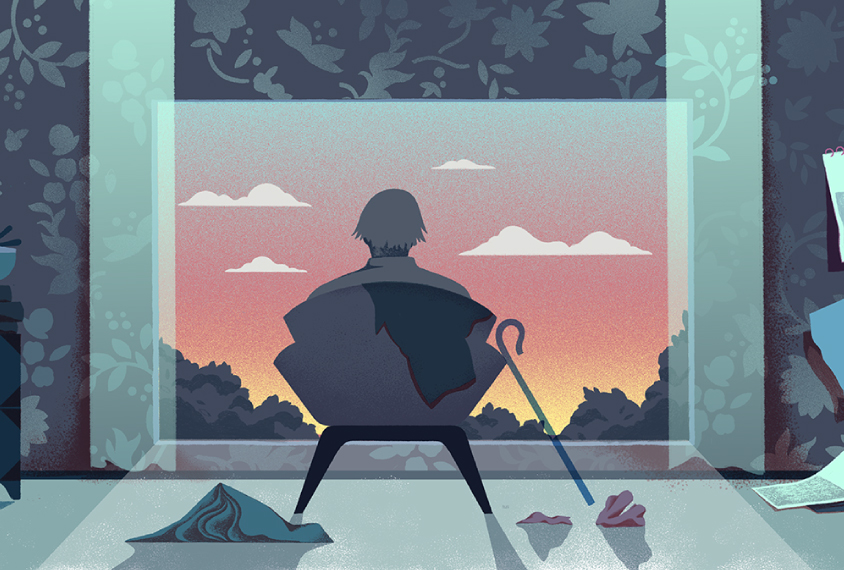 Illustration shows older person in chair in messy house, looking out the window at a sunset.
