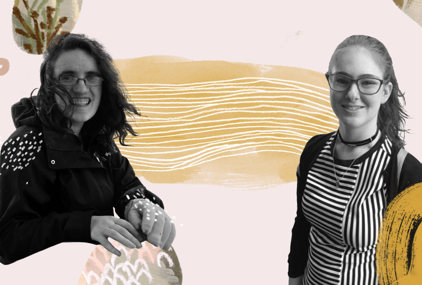 Two young women who met in the Action Play theater group and became friends. Lines between the women show their connection.