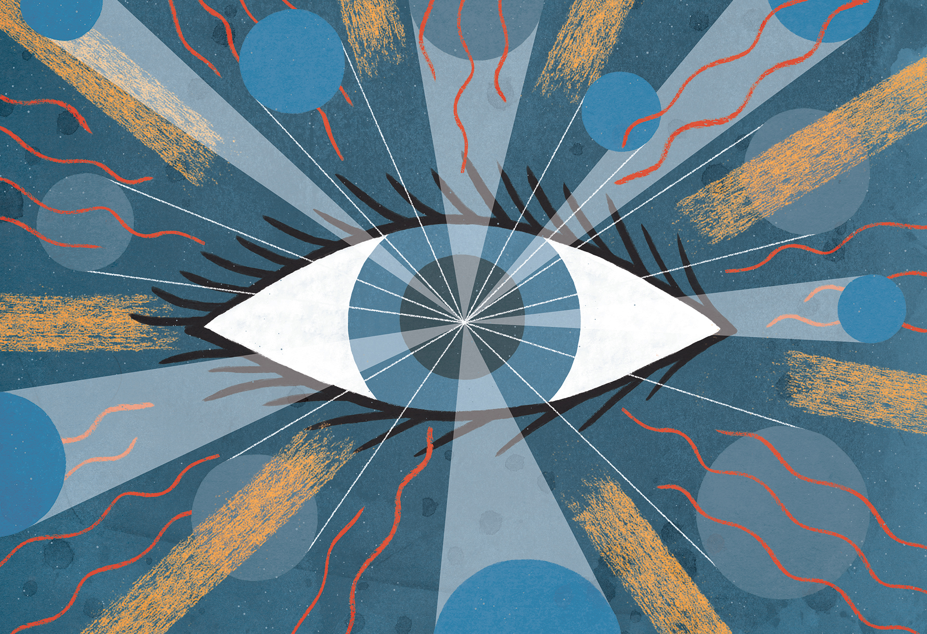 Illustration shows a central eye with different patterns emerging from it.
