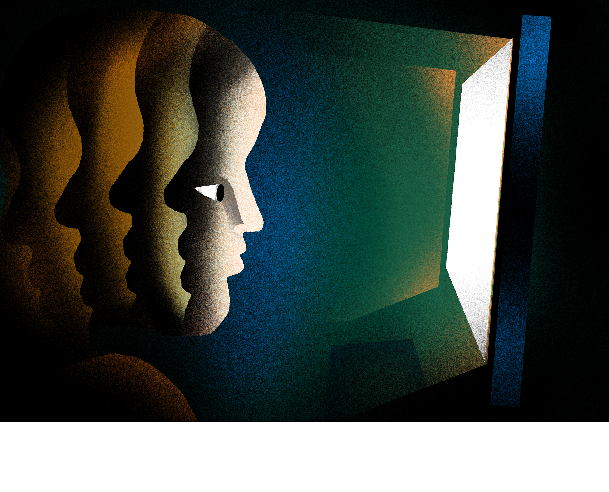 Illustration: A person in shadow looks into a bright computer screen. The mood is ominous.
