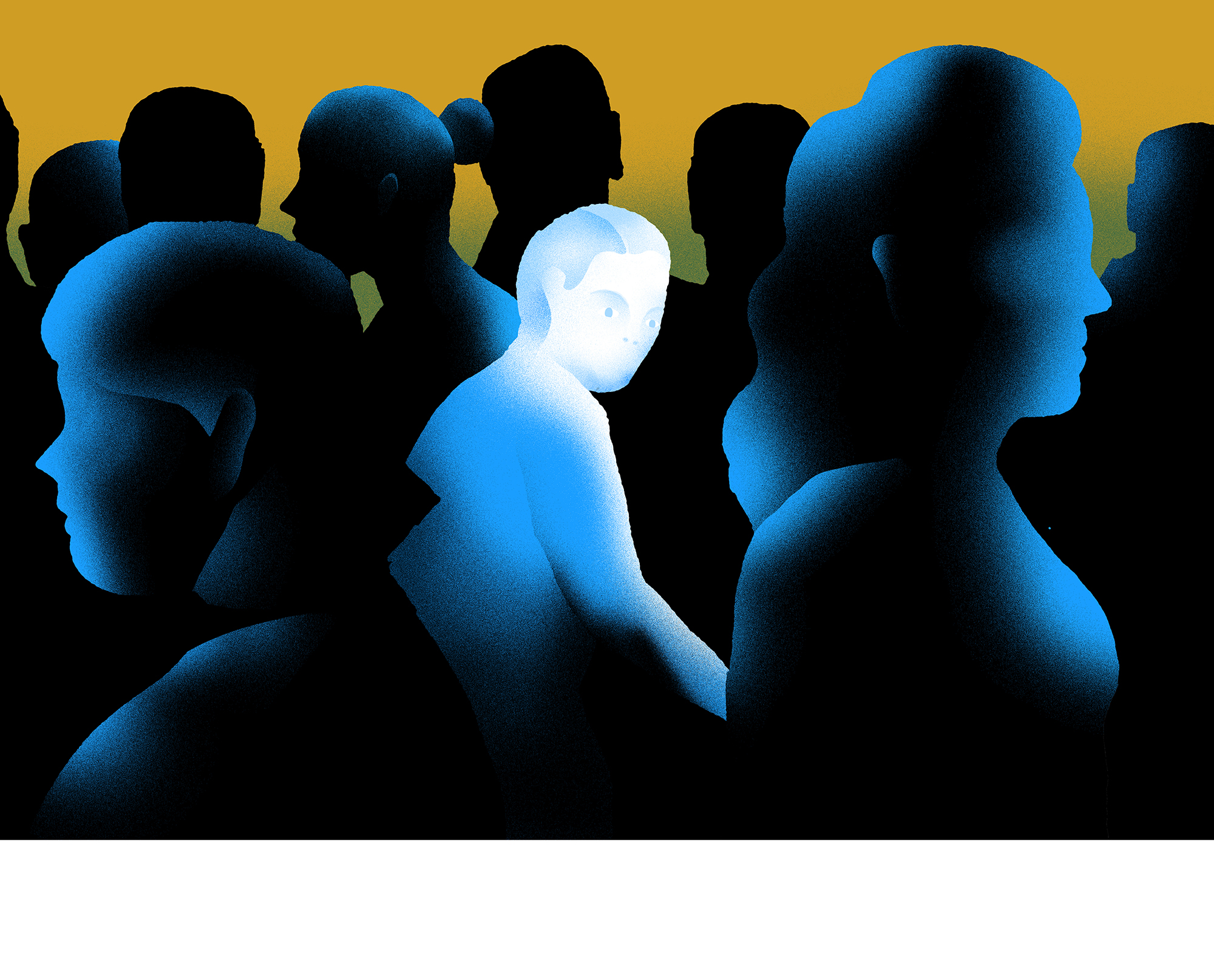 Illustration: a white-highlighted person looks suspiciously at the crowd around him, who are in shadow.
