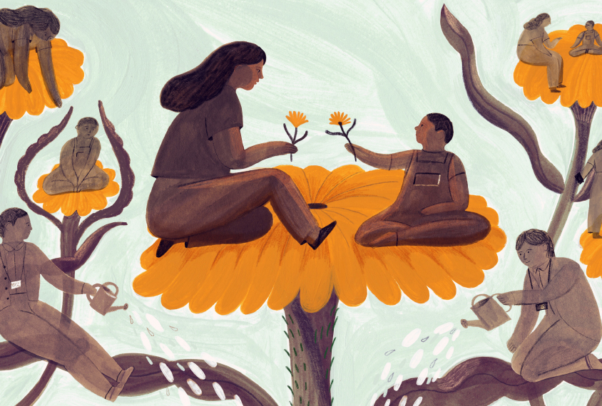 A mother and child interact on a giant flower while social workers tend the garden around them