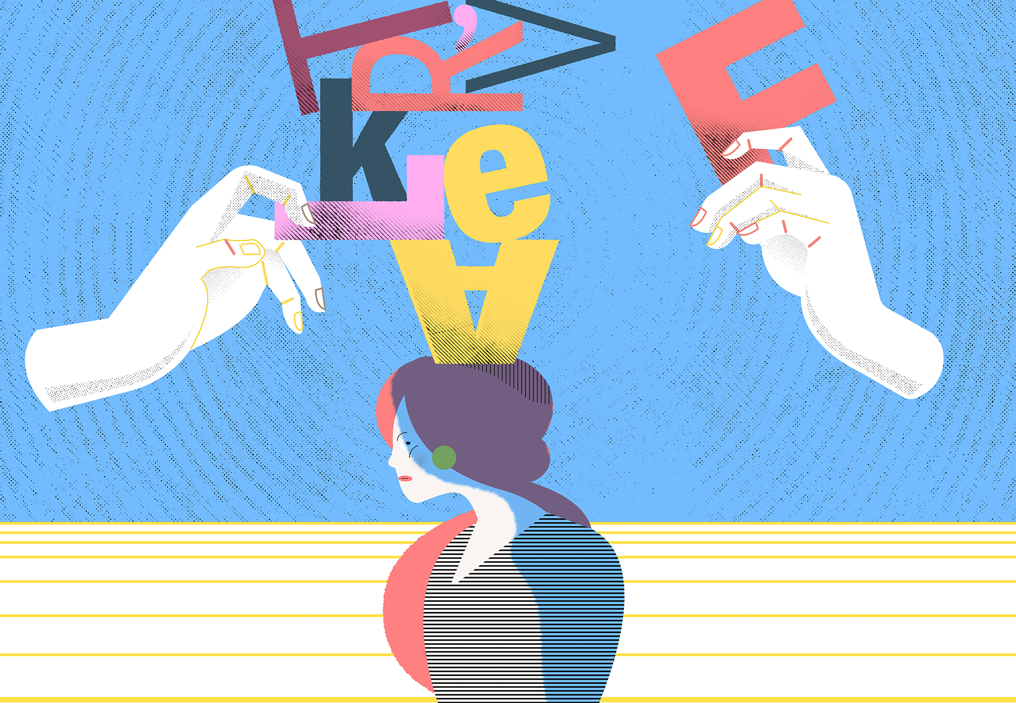 Illustration shows floating hands stacking letters on a woman's head.