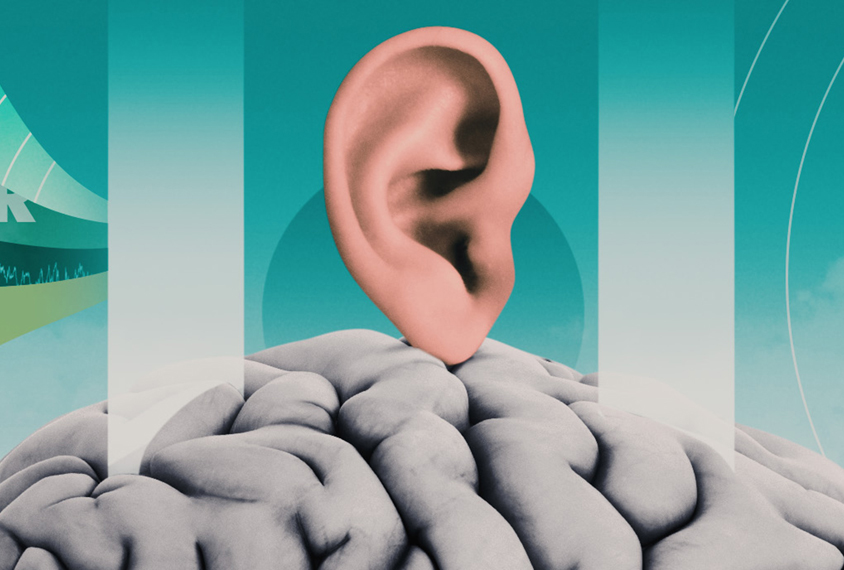 Illustration shows an ear balancing on a brain, surrounded by barriers blocking sound waves
