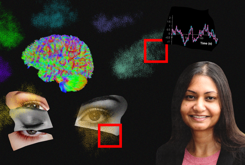 Collage illustration showing Lucina Uddin portrait with eye movements and brain images