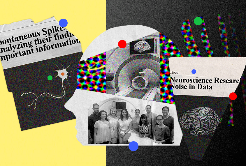 Collage showing Lucina Uddin with members of her lab, an MRI machine, brain images etc.