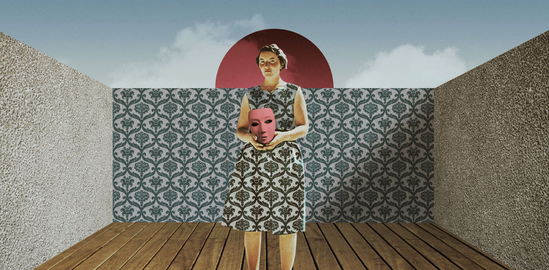 Photo-based illustration shows woman with a dress matching the wallpaper behind her, holding a mask.