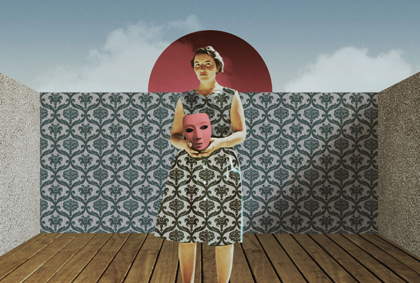 Photo-based illustration shows woman with a dress matching the wallpaper behind her, holding a mask.