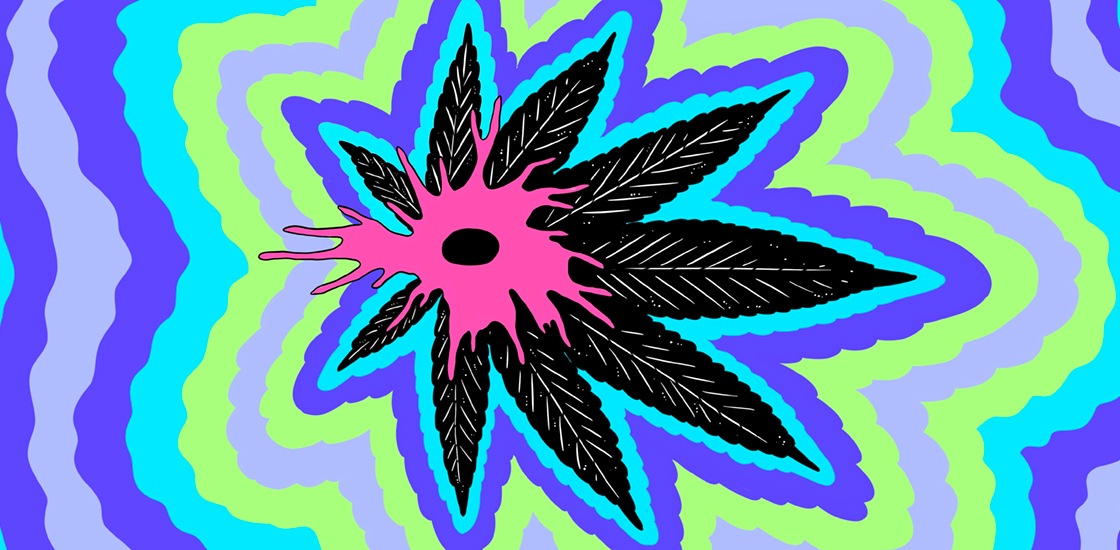 Illustration of a neuron on top of a marijuana leaf surrounded by psychadelic colors.