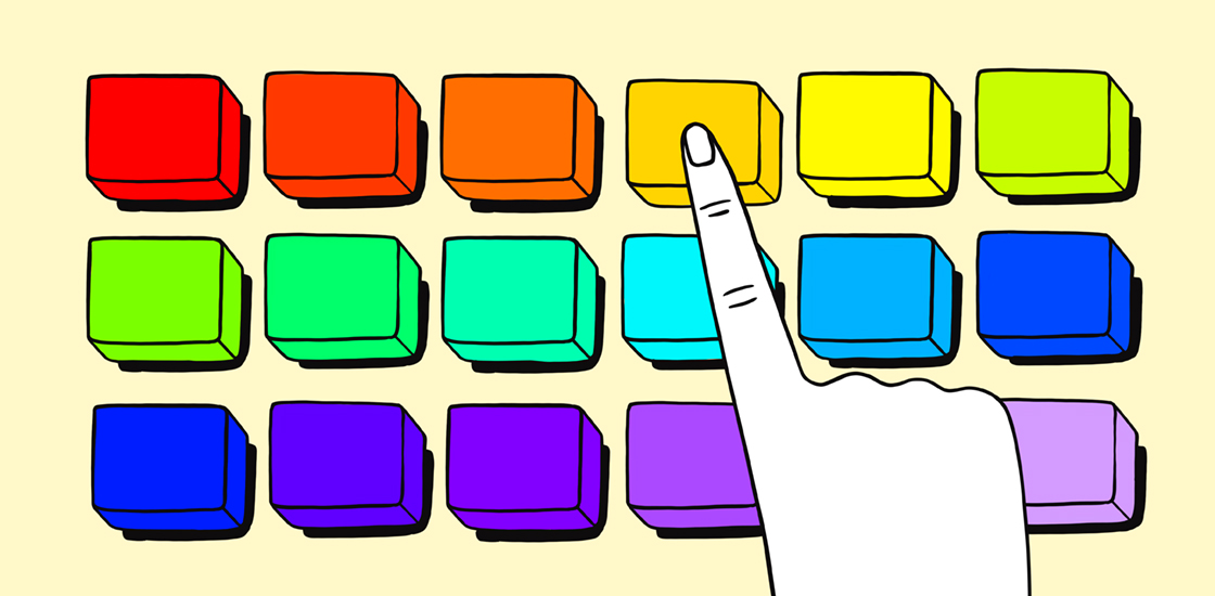 Illustration of hand pressing one orange button on a keyboard with keys of various colors.