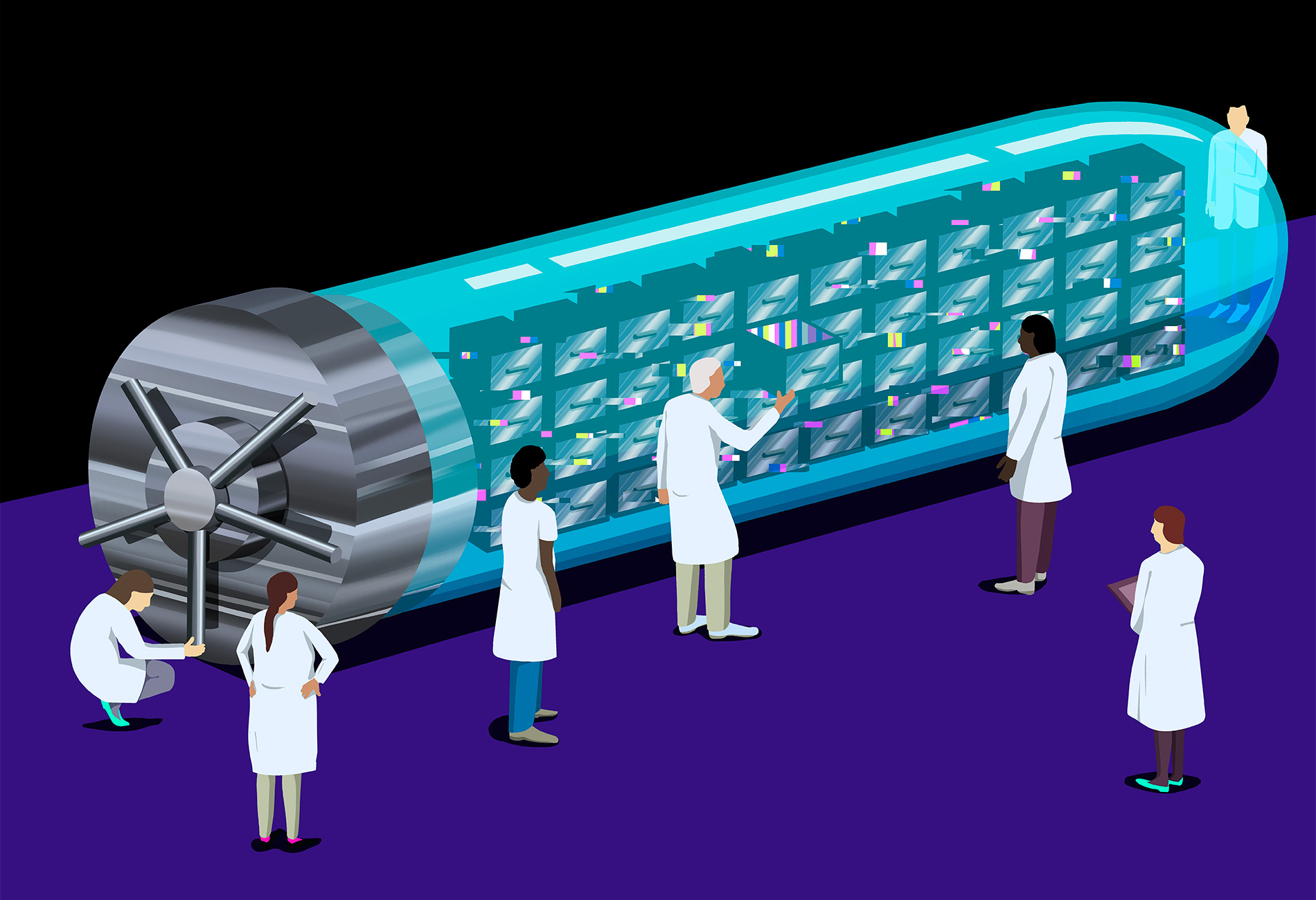 Illustration shows a giant lab vial that is also a safe full of secure records, surrounded by researchers who are accessing the data within.