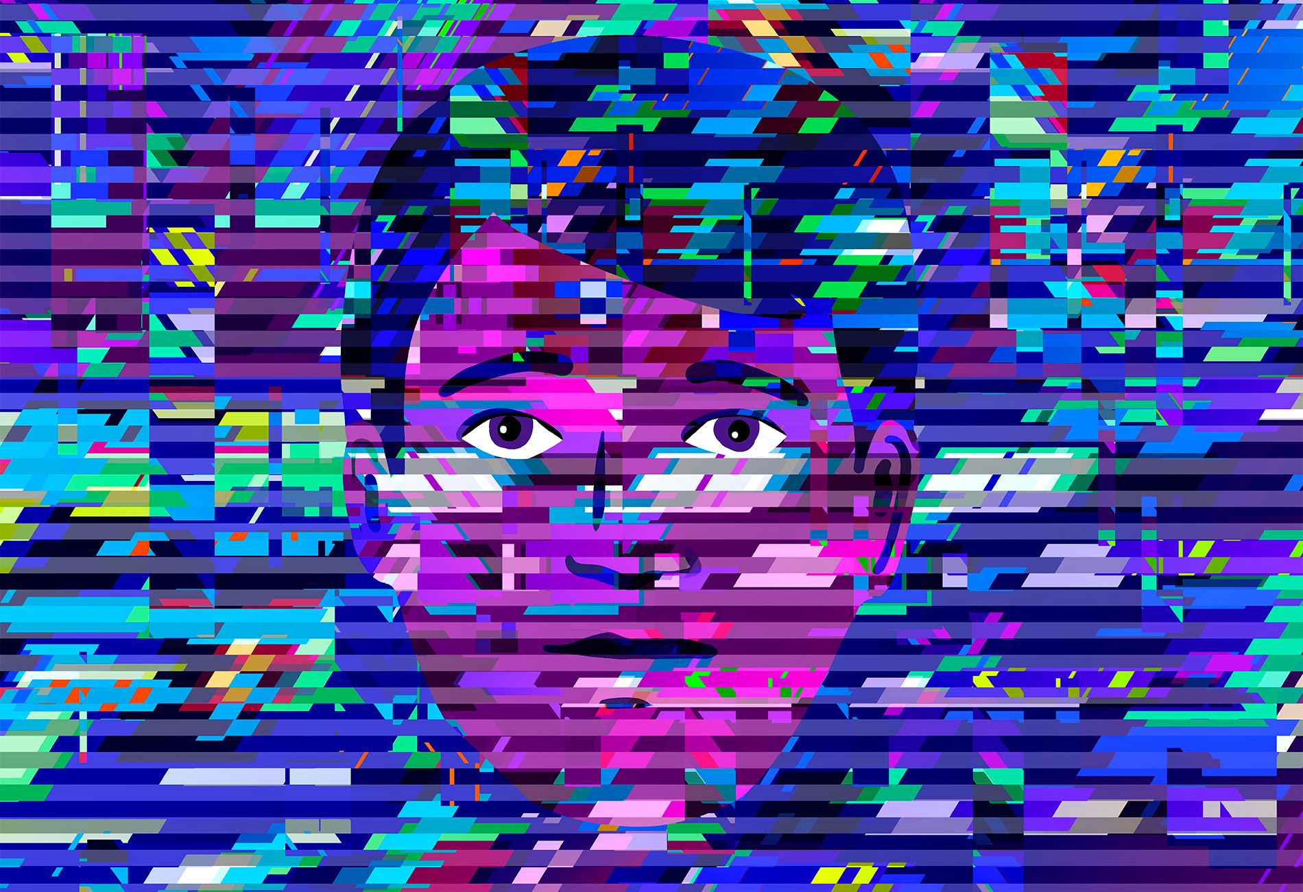 Illustration shows a man's face emerging from genetic data pattern.