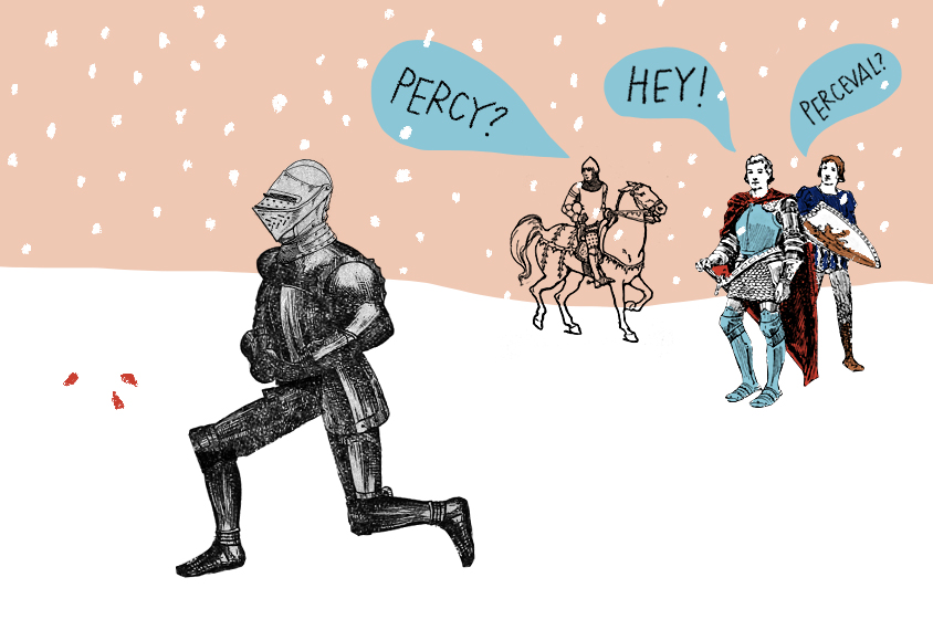 The knight Perceval is utterly taken in by drops of blood in the snow, and his companions cannot get his attention. 