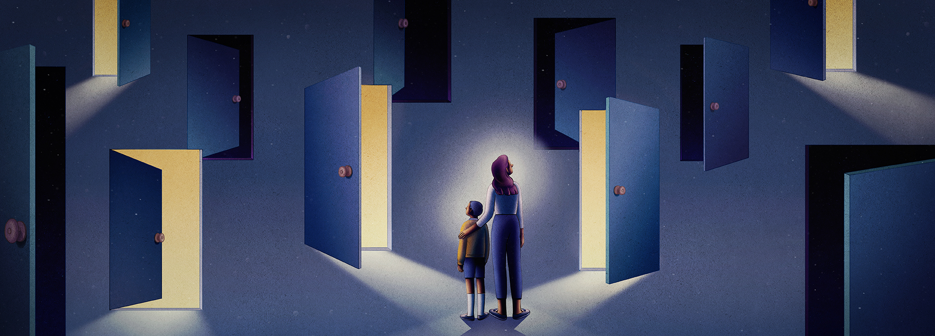 Illustration depicts mother and child facing a field of doors: some are dark and some are light