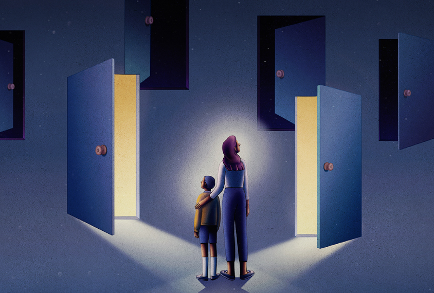 Illustration depicts mother and child facing a field of doors: some are dark and some are light