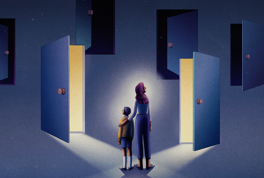 Illustration depicts mother and child facing a field of doors: some are dark and some are light