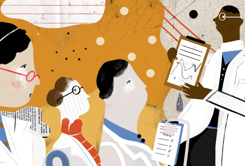 Illustration shows black researchers sharing data with diverse group.