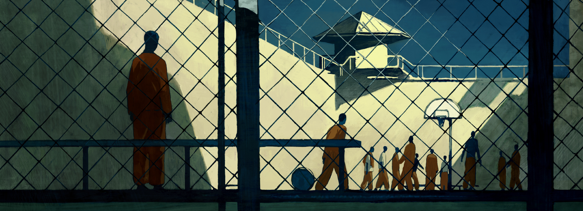 illustration shows isolated figure alone in the prison yard, watching other inmates exercise and socialize.