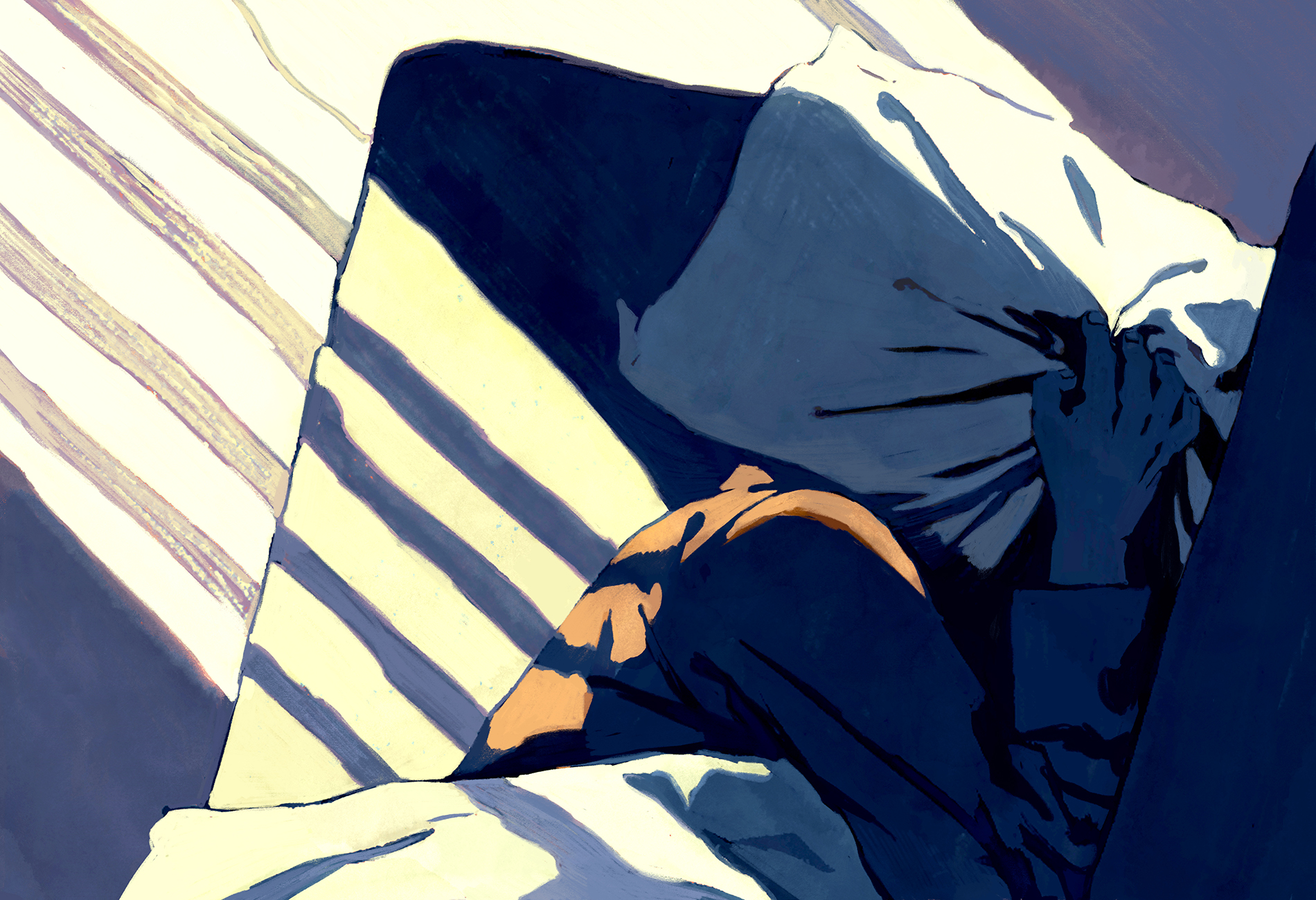 Illustration shows man trying to sleep under bright lights, with a pillow pulled over his head.