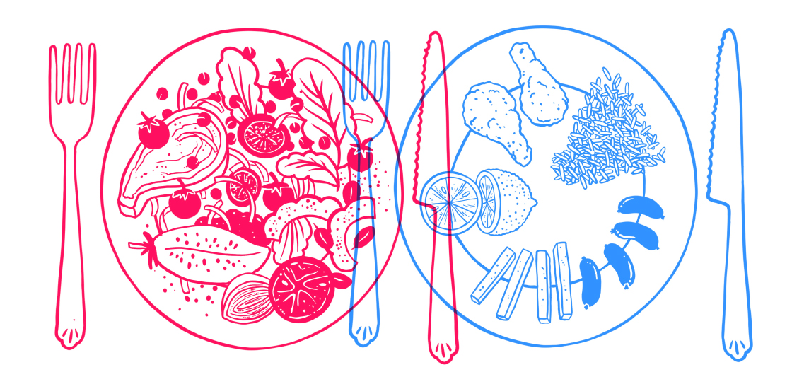 The illustration shows two plates of food, one full of a variety of foods, and another with a few foods arranged in a particular way.
