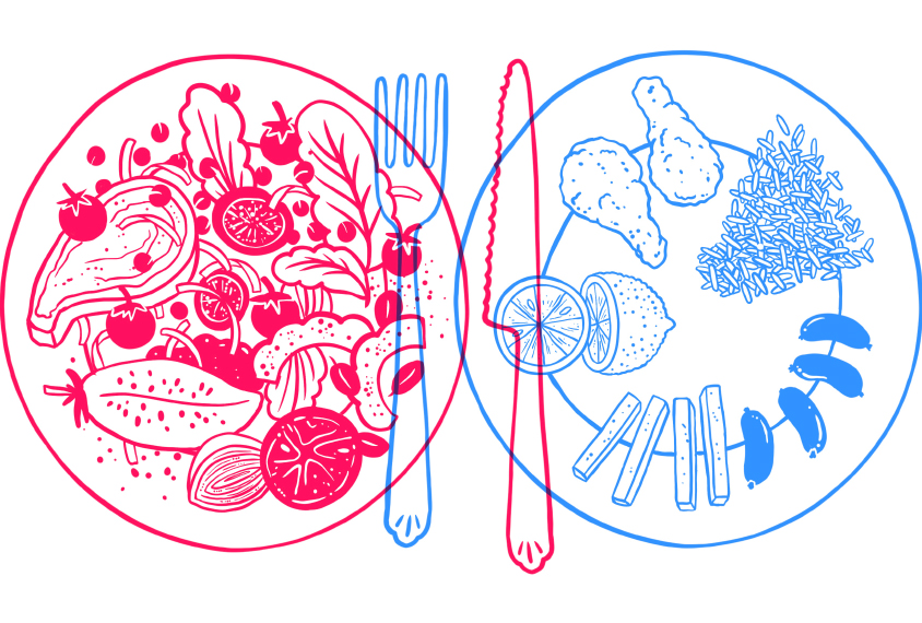 The illustration shows two plates of food, one full of a variety of foods, and another with a few foods arranged in a particular way.