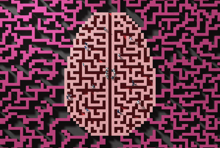 Illustration of brain pattern with people gathering on it.