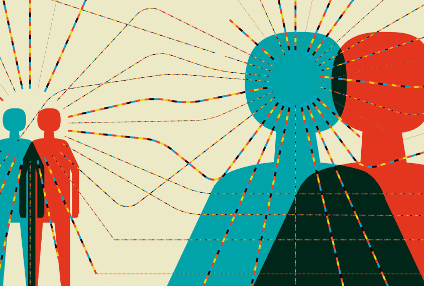 four figures overlapping in red and blue with multi-colored genetic info