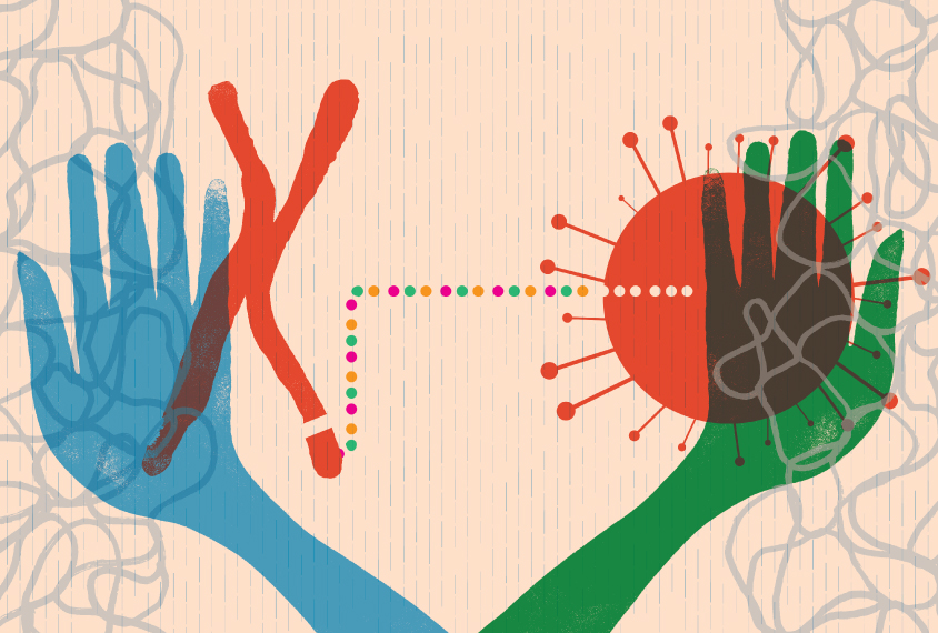 Hands of researcher in two colors, one hand with Fragile X and the other with COIVD shapes connected by multicolored dots.