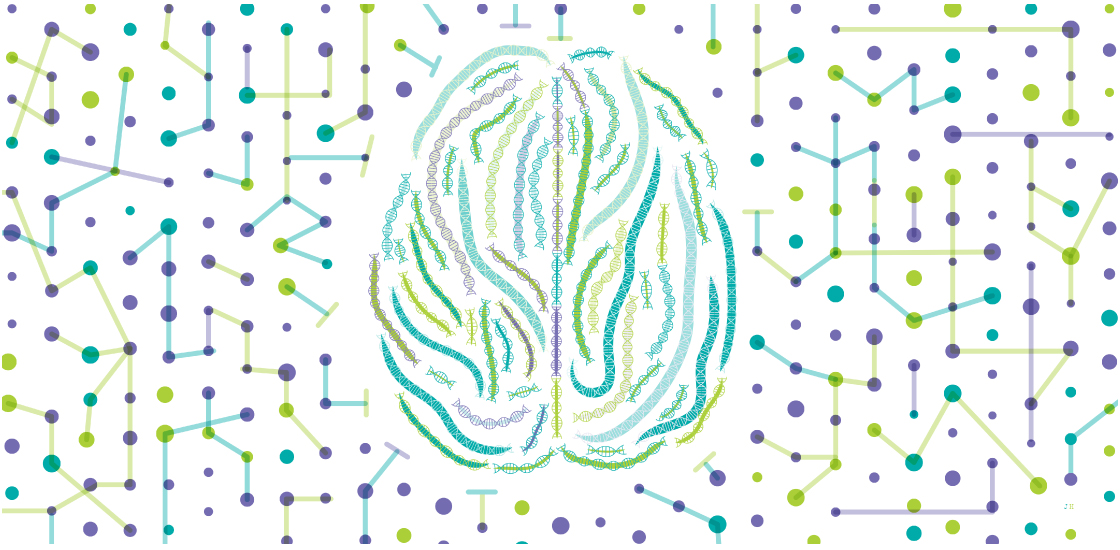 Brain made of DNA strands on a background of molecule shapes