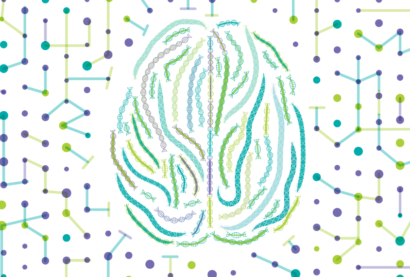 Brain made of DNA strands on a background of molecule shapes