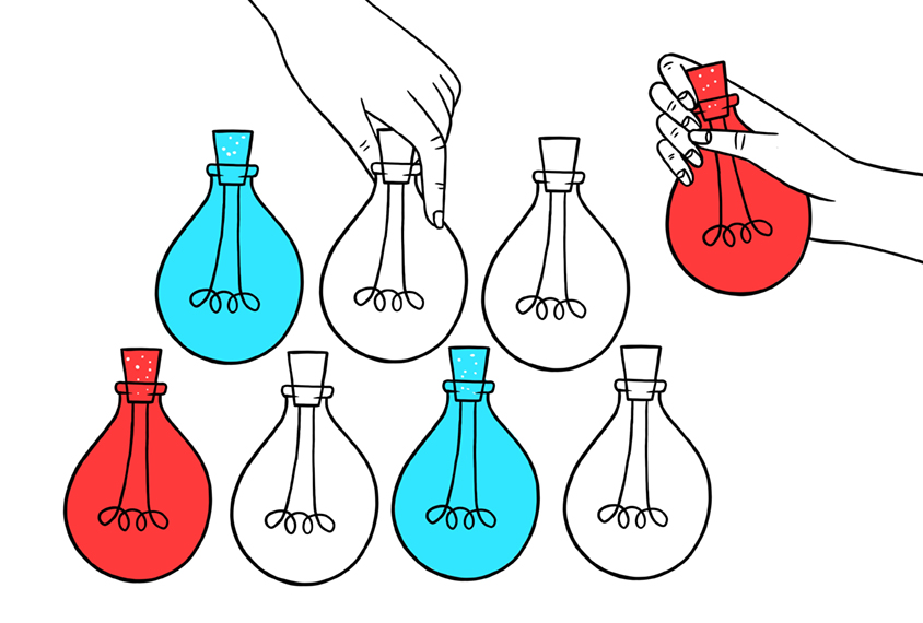 Illustration of hybrid objects: part light bulb, part lab vial, some in blue and some in red to signify null and replicated results