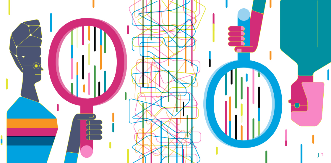 Colorful illustration shows two researchers examining messy data.