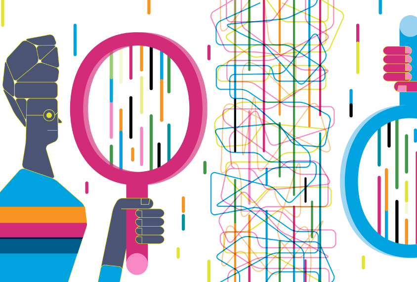 Colorful illustration shows two researchers examining messy data.