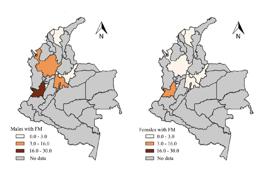 Maps showing incidence of Fragile X in Colombia