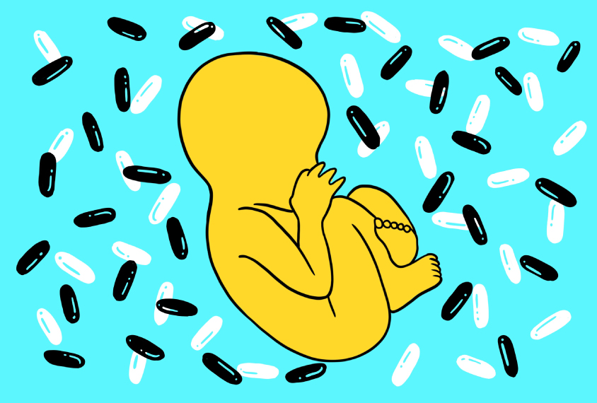 Baby in utero surrounded by pills, on bright blue background