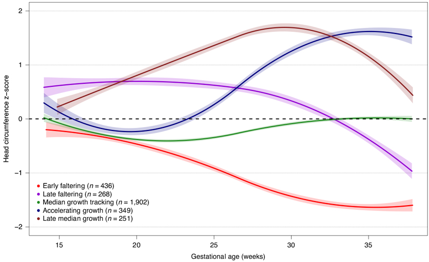 Chart showing how fetal head size throughout pregnancy falls into five different patterns of development.