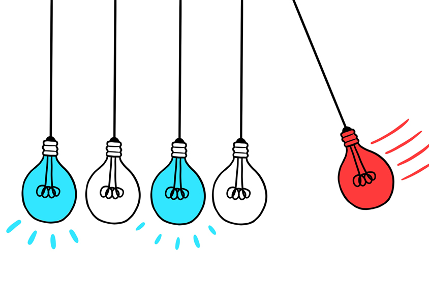 Illustration of hybrid objects: part light bulb, part lab vial, some in blue and some in red to signify null and replicated results